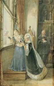 Interieur Im Stil Des 16. 
Jahrhunderts Mit Einer Vom Fenster Winkenden Jungen Dame, Einer Alteren 
Dame Und Einem Im Hintergrund Stehenden Herrn.