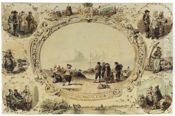 Souvenirs Des Pays Bas 1854;
Eight Dutch Scenes Arranged In Acartouche, Including Fishermen On The
Beach, Skaters On The Ice,market Scenes, A Milkmaid, Figures In A
Tavern, A Fisherman And Hiswife Dancing, And A Sailor In The Orient - view 1