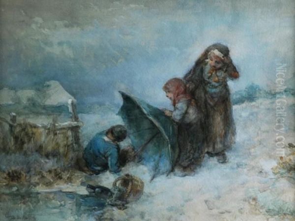 Rural Landscape In Winter With Three Children - view 1