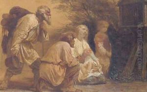 Peasants venerating an icon at a roadside shrine