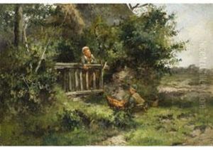 Bauernkinder An Einem Gatter by Jan Mari Henri Ten Kate