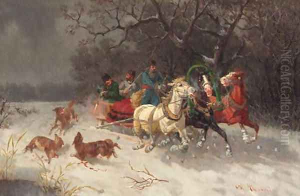 Three men in a troika chased by wolves - view 1