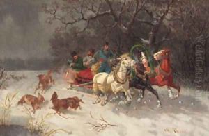 Three men in a troika chased by wolves by Russian School