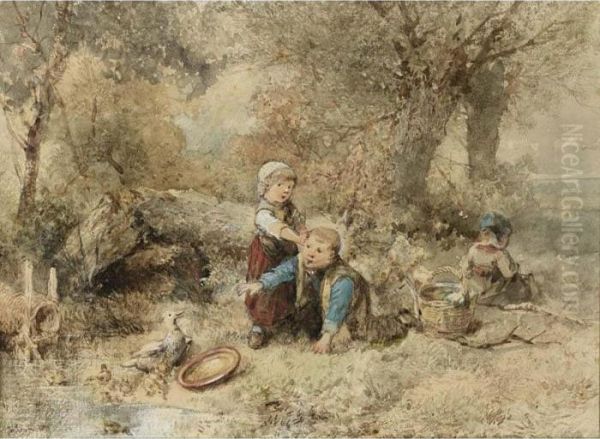 Children Feeding The Ducks by Jan Mari Henri Ten Kate