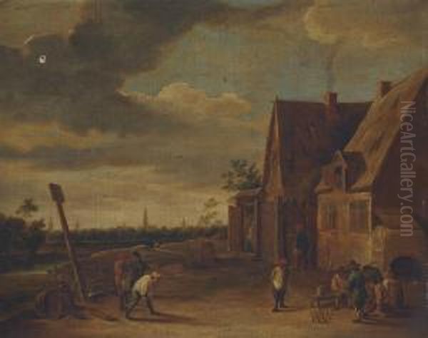 A Village Landscape With Skittle Players Outside A Tavern, A City Beyond - view 1