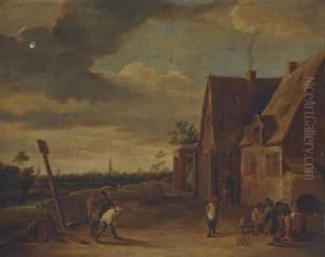 A Village Landscape With Skittle Players Outside A Tavern, A City Beyond by David The Younger Teniers