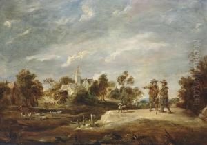 A Wooded Landscape With Two Figures Conversing, A Church Beyond