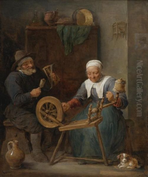 An Elderly Couple Spinning Wool In An Interior - view 1