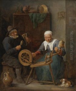 An Elderly Couple Spinning Wool In An Interior