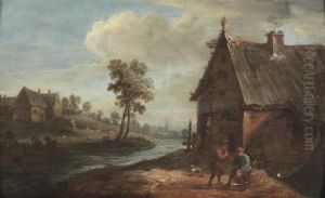 A River Landscape With Peasants Outside A Cottage