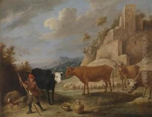 A Shepherd And His Flock In A Landscape With Ruins