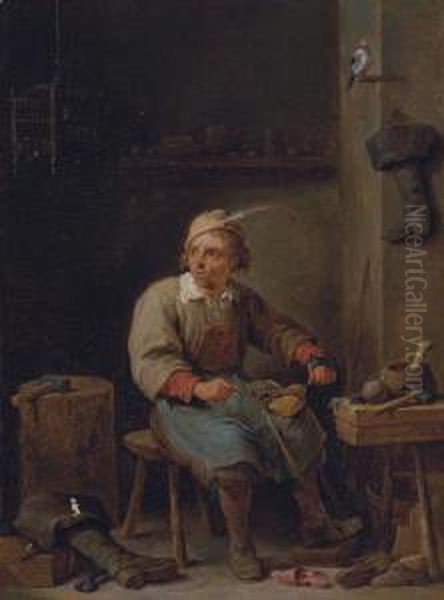 A Shoemaker In His Workshop, With Boots, Tools And A Jaybird - view 1