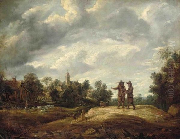 Two Travellers On A Path Before A Village - view 1
