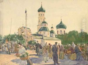 In a Russian market square by Russian School