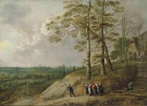 An Extensive Landscape With A Bagpiper And Other Figures On A Path,a Farmhouse Beyond
