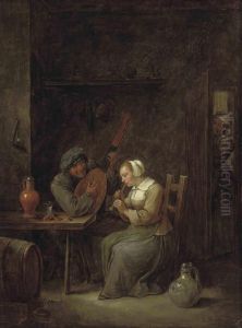 Two Figures Playing Music In A Rustic Interior by David The Younger Teniers