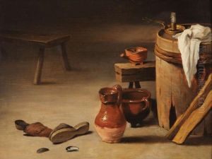 Omgeving 
Boerenstilleven Met Pantoffels, Mosselschelpen, Kruik, Pot Enkaarsenpan Bij Ton En Bankjes