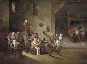 Figures Celebrating In A Country Interior by David The Younger Teniers