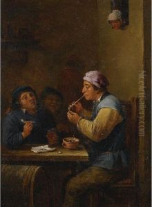 Three Peasants Seated At A Table Smoking And Drinking