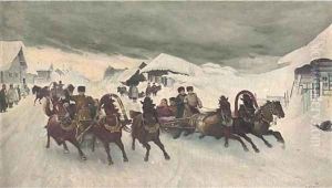 Troikas in the snow by Russian School