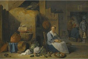 A Barn Interior With A Maid Preparing Vegetables