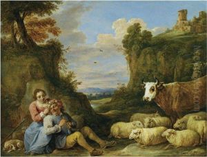 An Amorous Peasant Couple With Their Flock In A Landscape