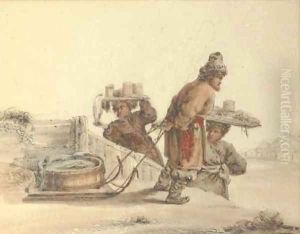 Two peasants pulling a sleigh laden with fish by Russian School