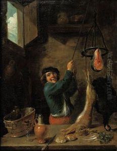 A Kitchen Interior With A 
Peasant Holding A Hare, A Partridge And Afillet Of Salmon By A Rope
