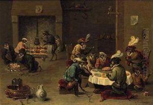 Monkeys Smoking, Drinking And Preparing A Meal By A Fireplace by David The Younger Teniers