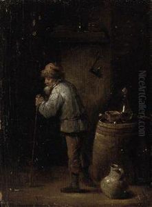 An Old Man Leaning On A Walking Stick In An Interior
