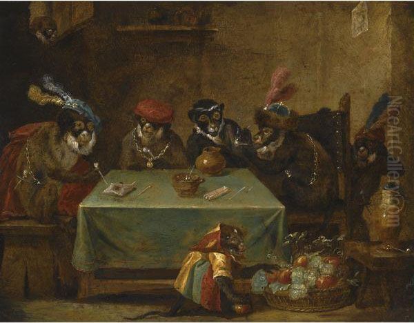 A Singerie With Monkeys Smoking At A Table - view 1