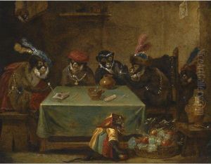 A Singerie With Monkeys Smoking At A Table by David The Younger Teniers