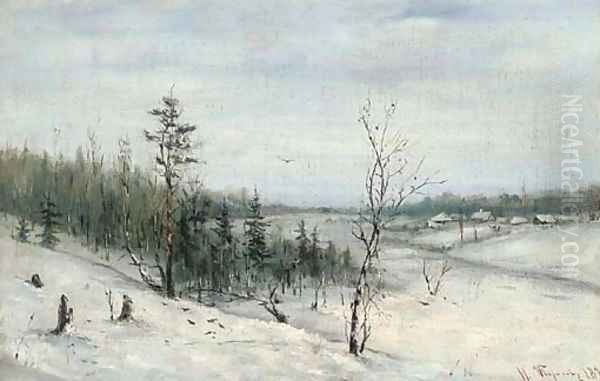 Winter woodland before a hamlet - view 1