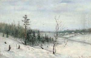 Winter woodland before a hamlet by Russian School