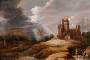 Landschaft Mit Einer Burg Und Sich Unterhaltendenmannern Bei Aufkommendem Sturm by David The Younger Teniers
