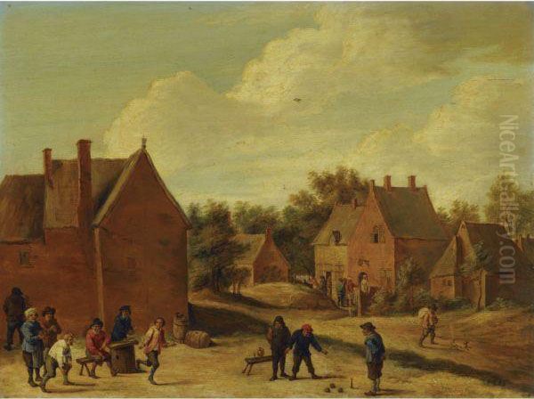 A Village Street With Peasants Playing Bowls - view 1