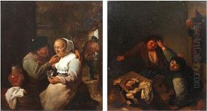Couple Seated In An Inn, Together With Anotherof An Upset Card Game by David The Younger Teniers