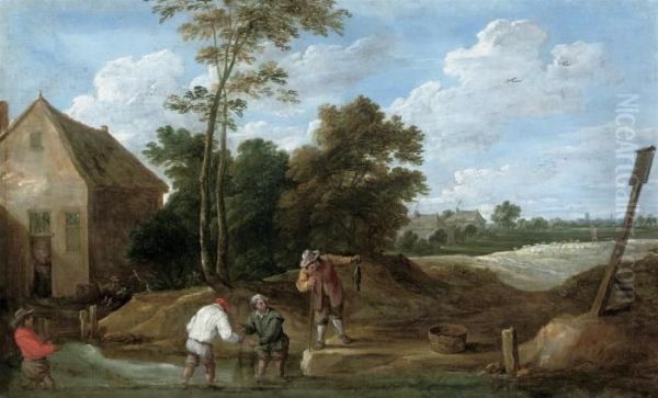 Peasants Fishing In A Stream By A Cottage - view 1