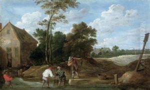 Peasants Fishing In A Stream By A Cottage by David The Younger Teniers