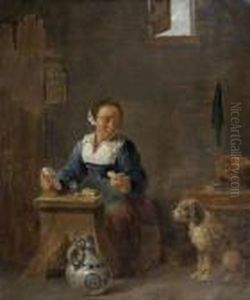 Une Femme Dans Un Interieur Avec Un Chien by David The Younger Teniers