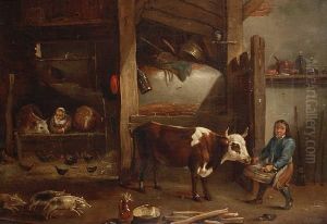A Barn Interior With Figures Feeding Cattle