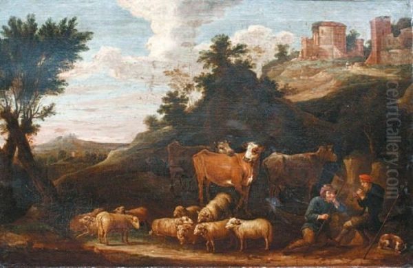 Bergers Gardant Leur Troupeau Au Pied De Ruines Romaines - view 1