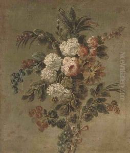 A swag of roses, chrysanthemums, redcurrants, blackcurrents and other flowers by Cornelis van Spaendonck