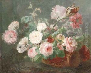Still life of pink and white roses, carnations and tulips