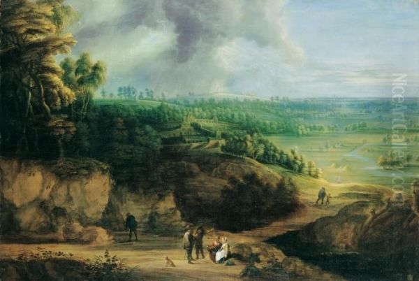Panoramalandschaft Mit Schlossanlage Und Staffagefiguren - view 1