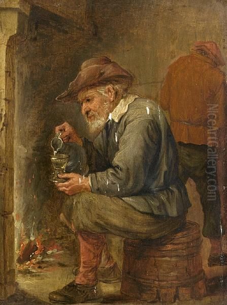 A Toper Holding A Jug And A Glass Before A Fire - view 1