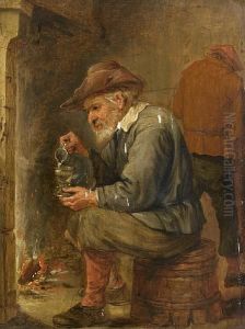 A Toper Holding A Jug And A Glass Before A Fire