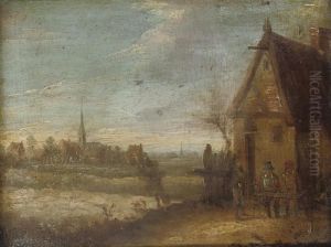 Figures Outside A Cottage, A Village Beyond by David The Younger Teniers