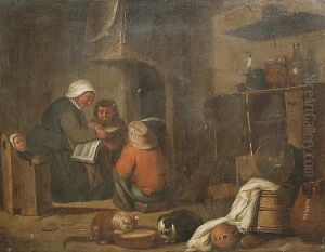 A Woman Reading A Book To Her Children In A Kitchen