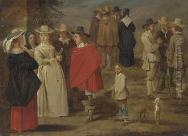 Figures Conversing In A Yard - view 1